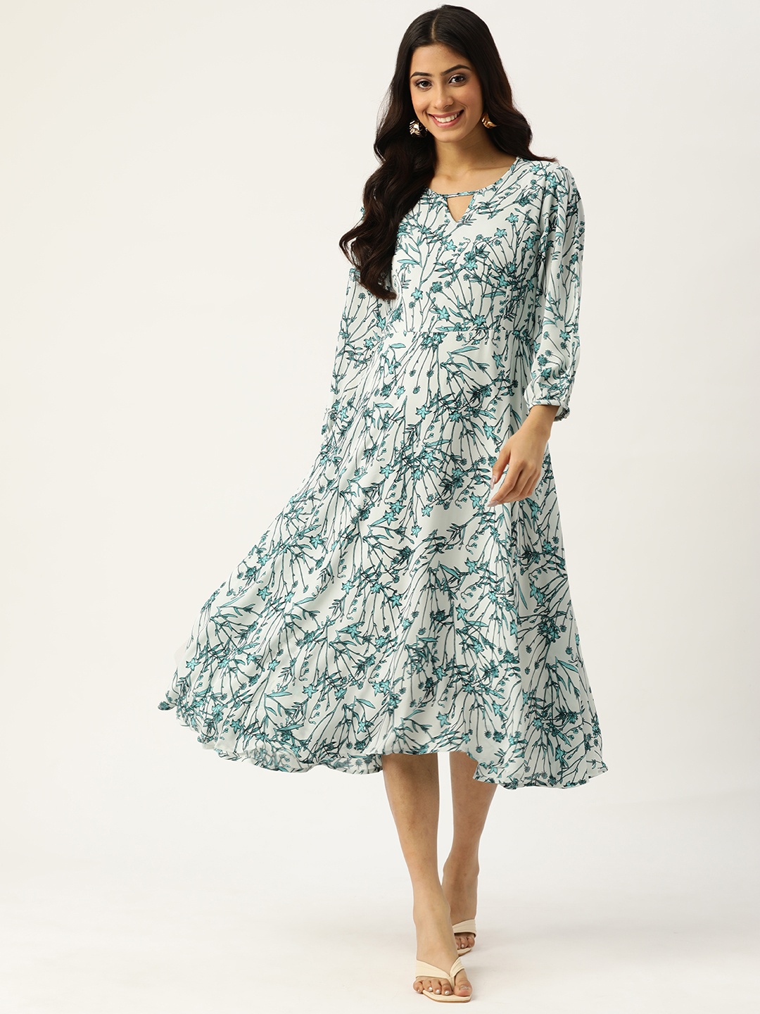 

Deewa Cream-Coloured & Green Floral Print Midi A-Line Dress