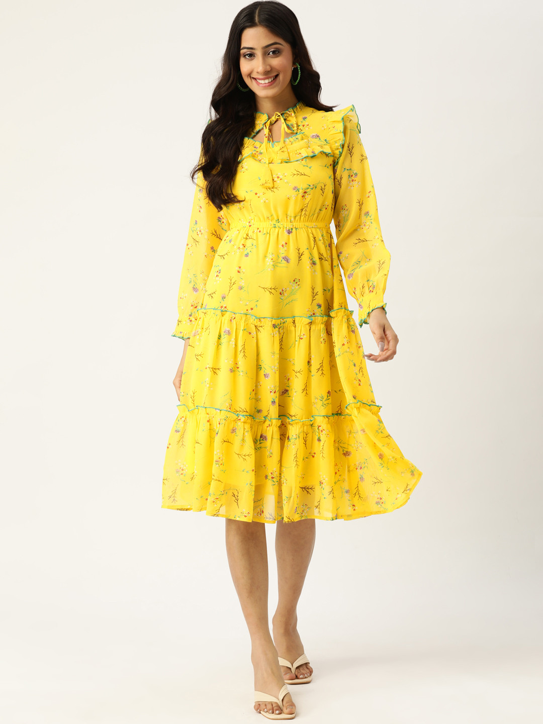 

Deewa Yellow & Green Floral Tie-Up Neck Georgette A-Line Dress