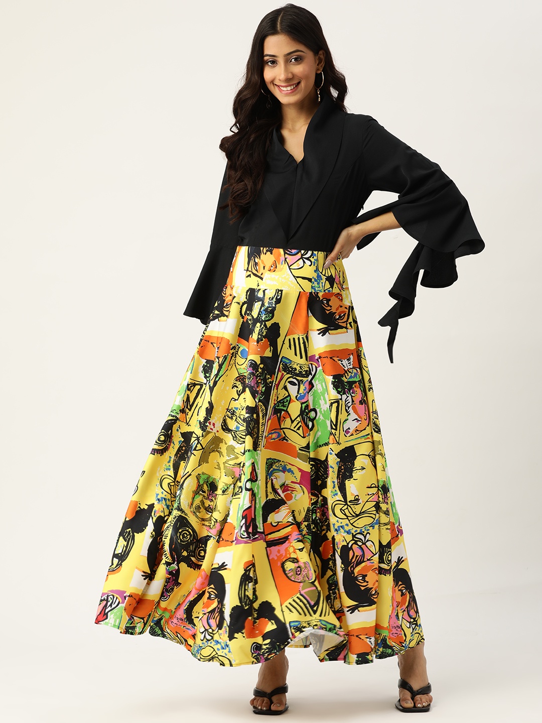 

Deewa Yellow & Black Printed Maxi Dress