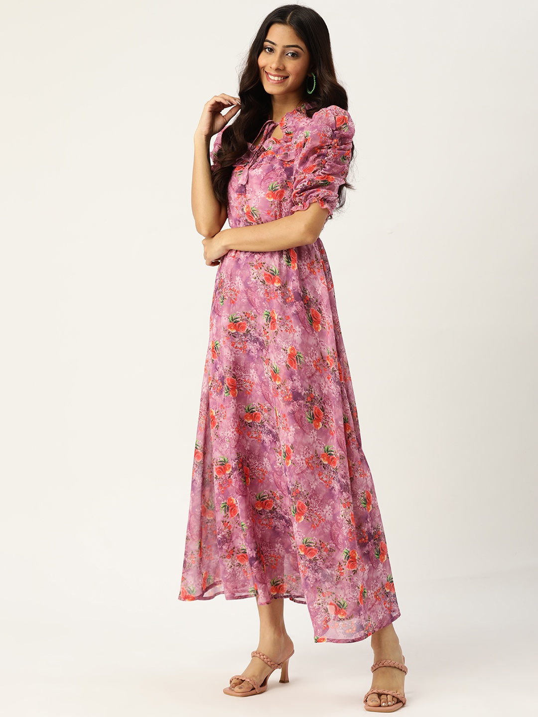 

Deewa Purple & Coral Orange Floral Print Tie-Up Neck Power Shoulders Maxi Dress