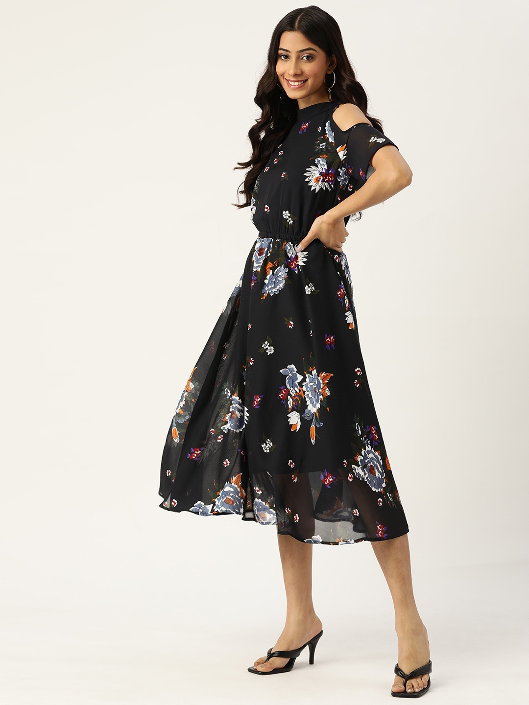 

Deewa Navy Blue & White Floral Georgette A-Line Midi Dress