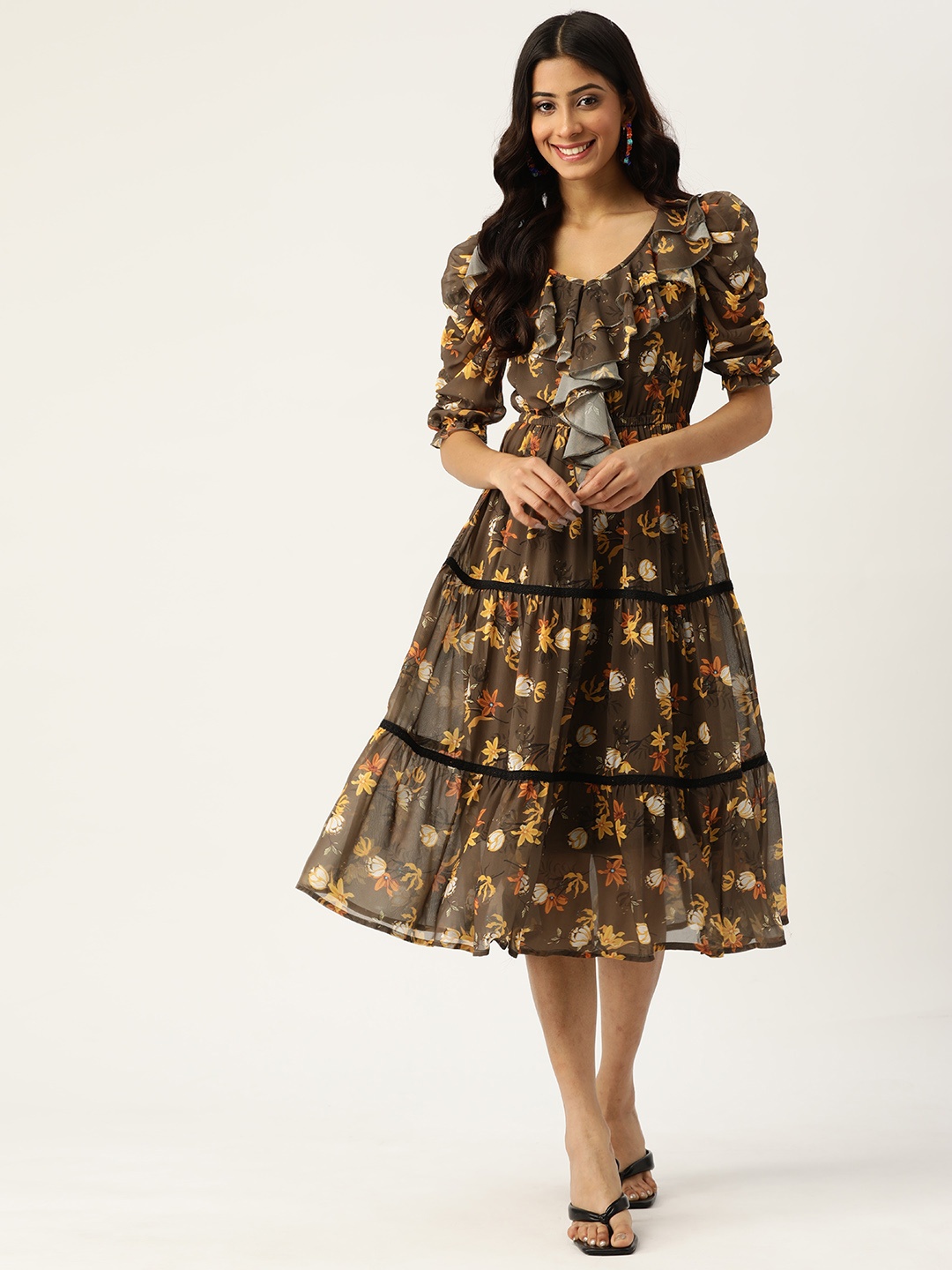 

Deewa Brown & Mustard Yellow Floral Georgette A-Line Midi Dress