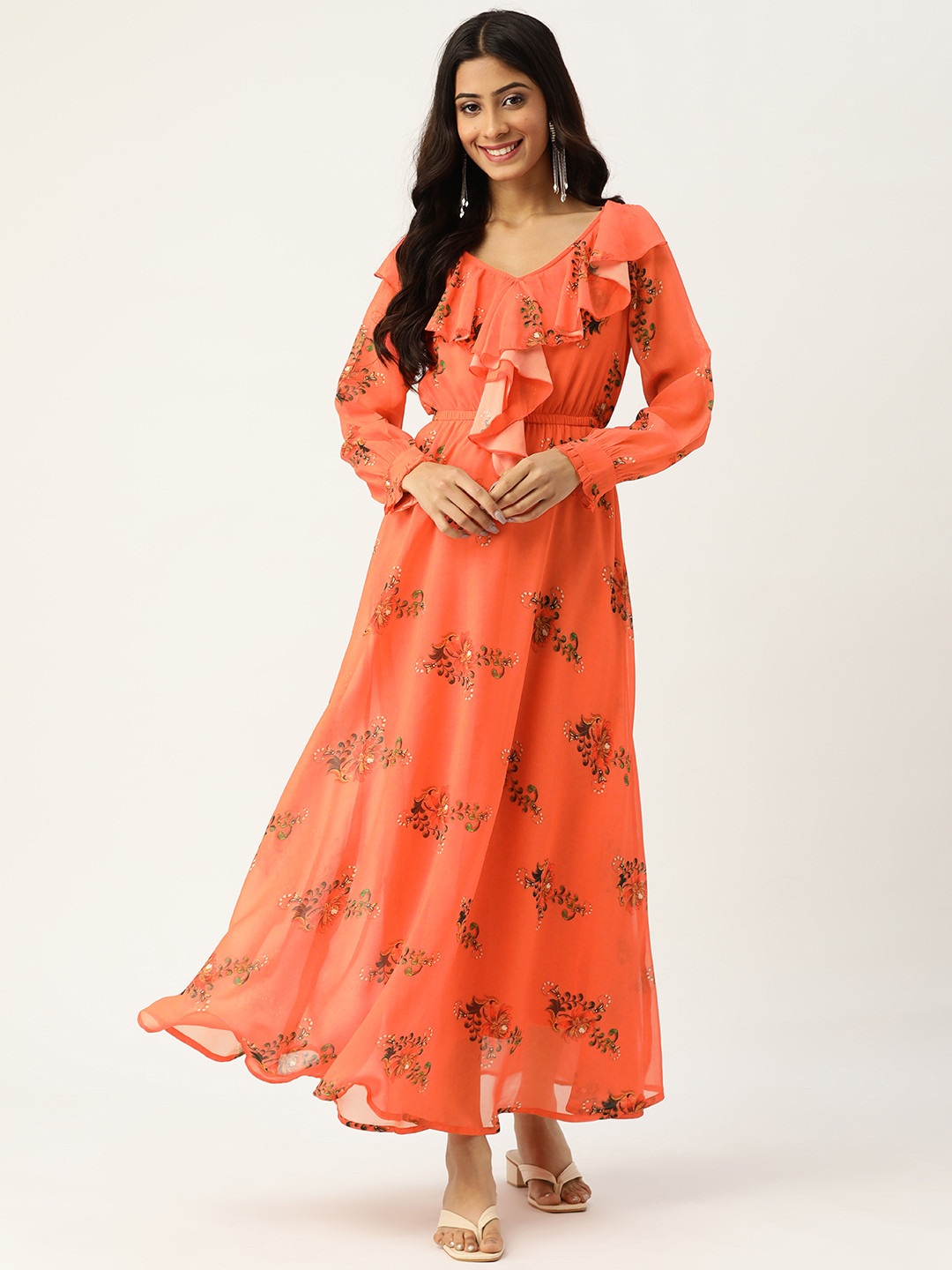 

Deewa Red & Green Floral Print Maxi Dress