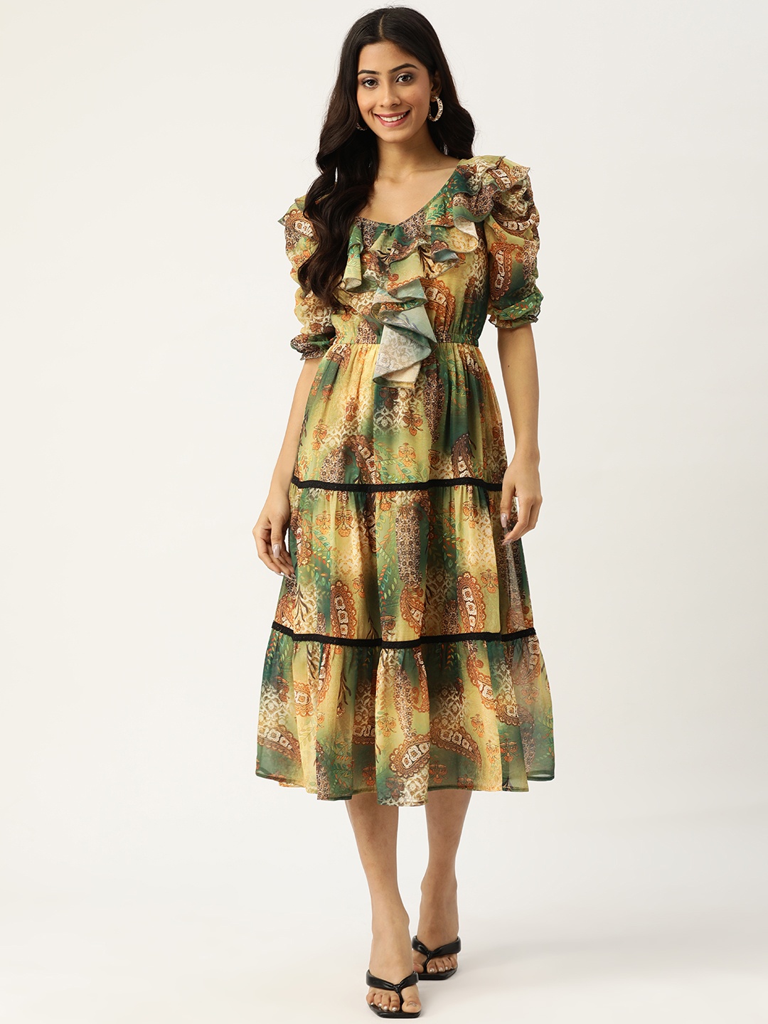 

Deewa Green & Yellow Floral Print Tiered Midi Dress