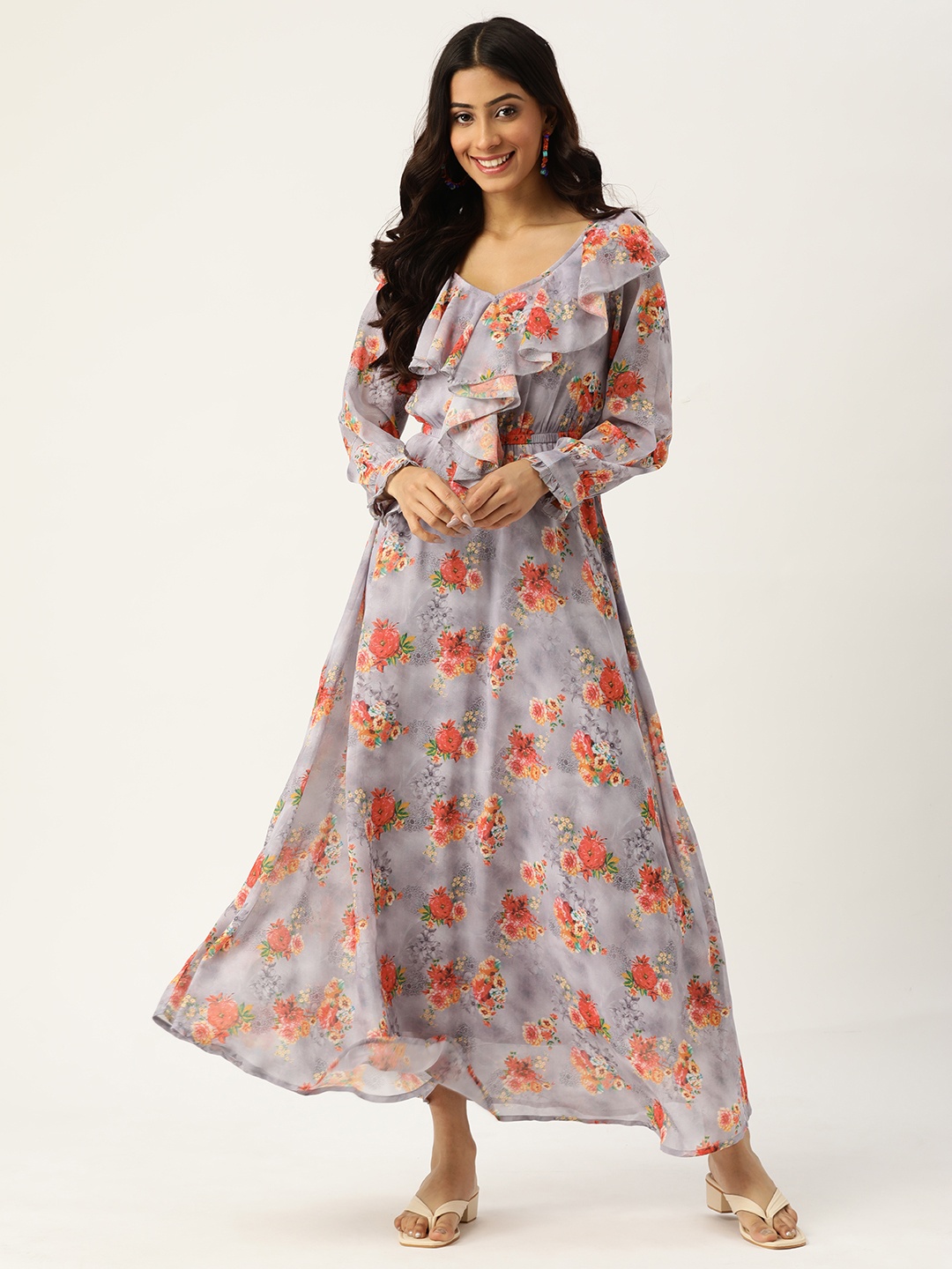 

Deewa Grey & Orange Floral Georgette Maxi Dress