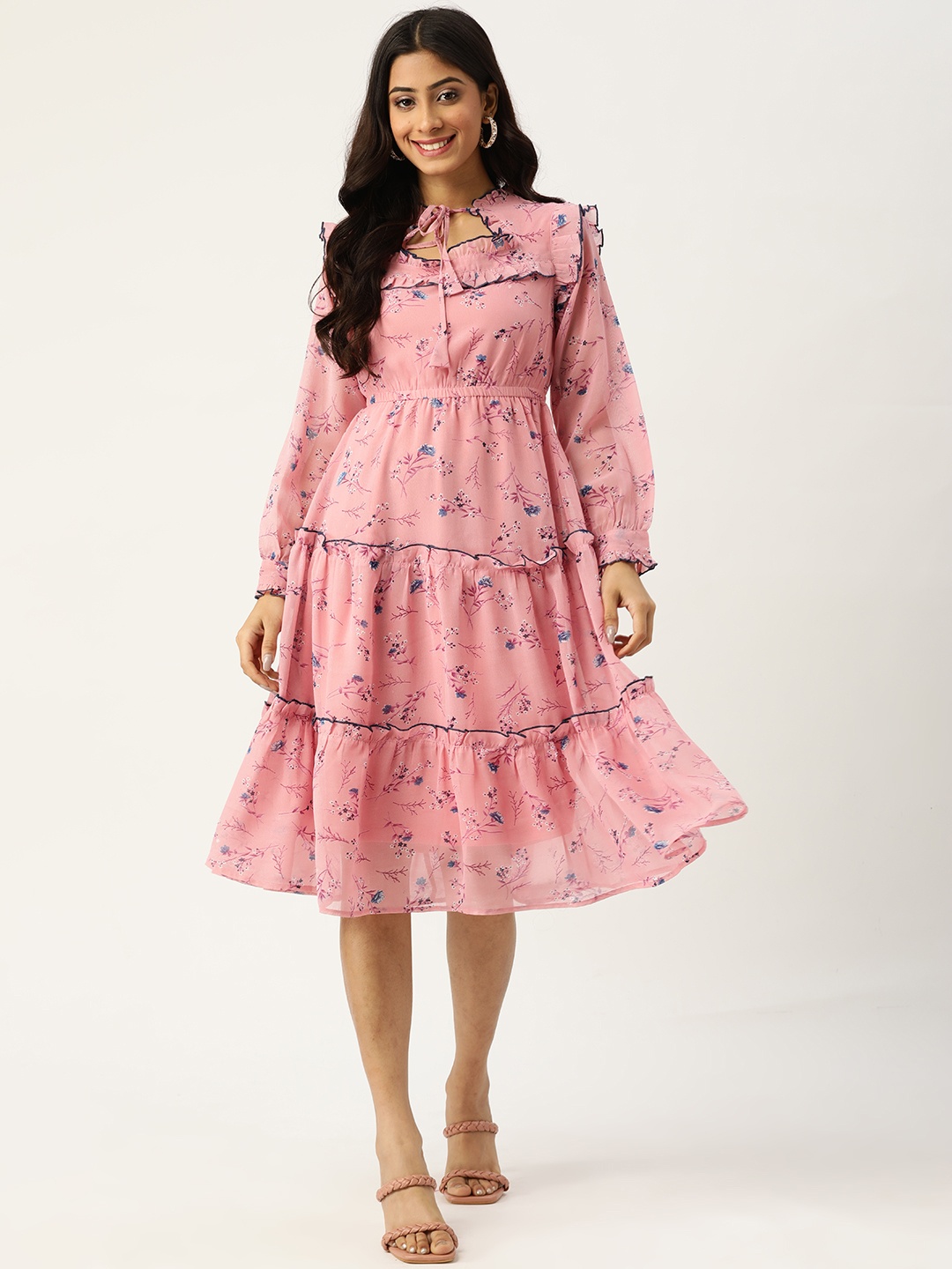 

Deewa Pink & Blue Floral Print Tie-Up Neck Tiered Midi Dress