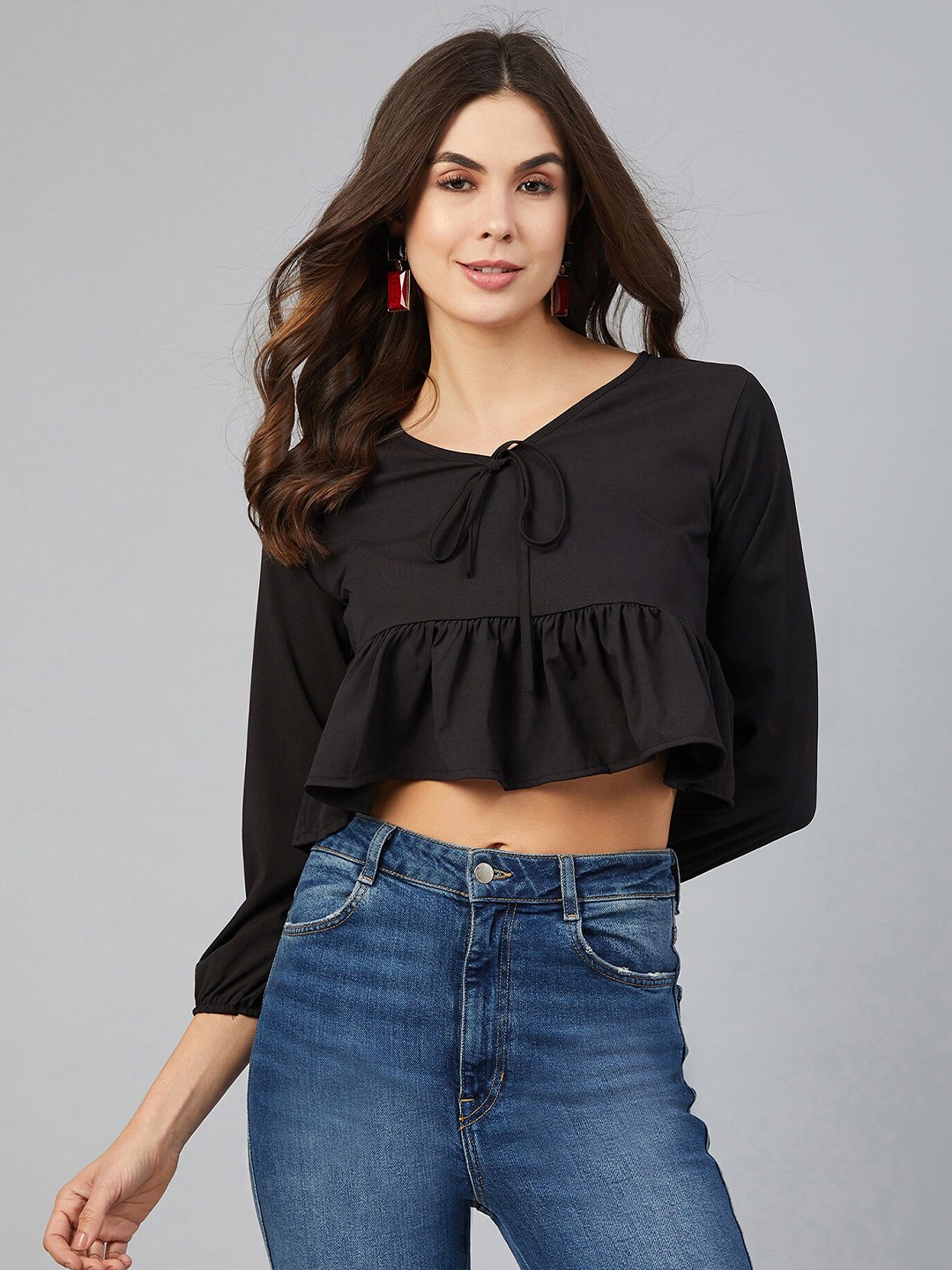 

CHIMPAAANZEE Black Tie-Up Neck Ruffles Crop Top