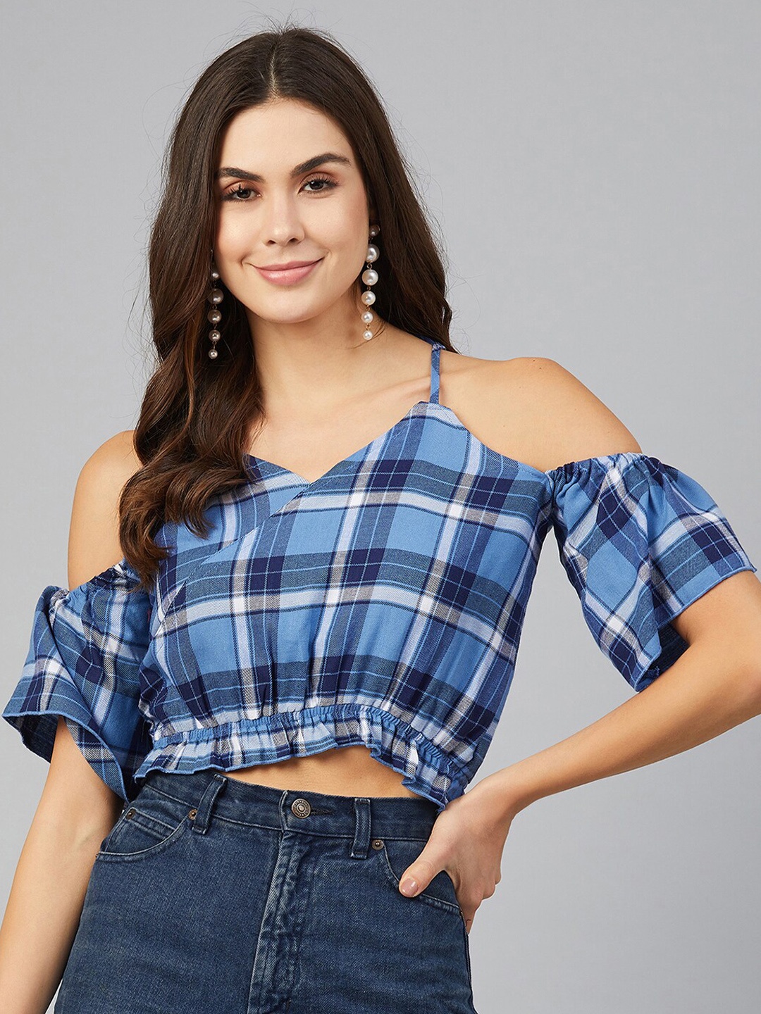 

CHIMPAAANZEE Blue Checked Blouson Cold Shoulder Crop Top