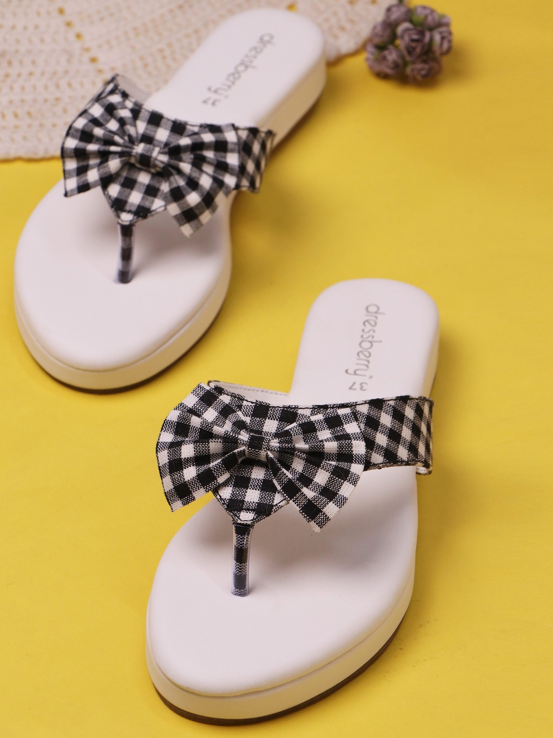 

DressBerry Women White Printed Open Toe Flats with Bows