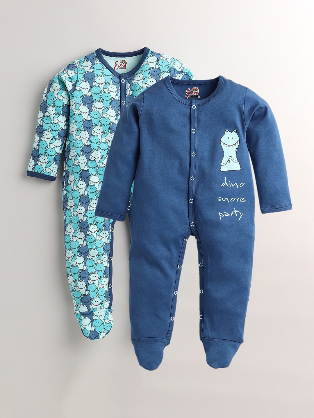 

Eieio Kids Pack Of 2 Green & Blue Printed Pure Cotton Rompers