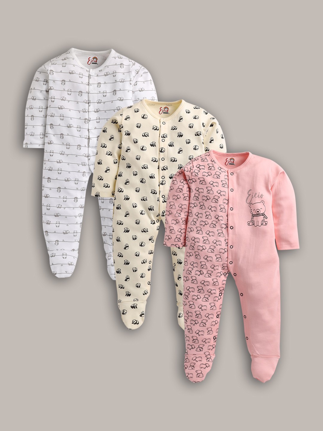 

Eieio Kids Pack Of 3 Printed Pure Cotton Sleepsuits, White
