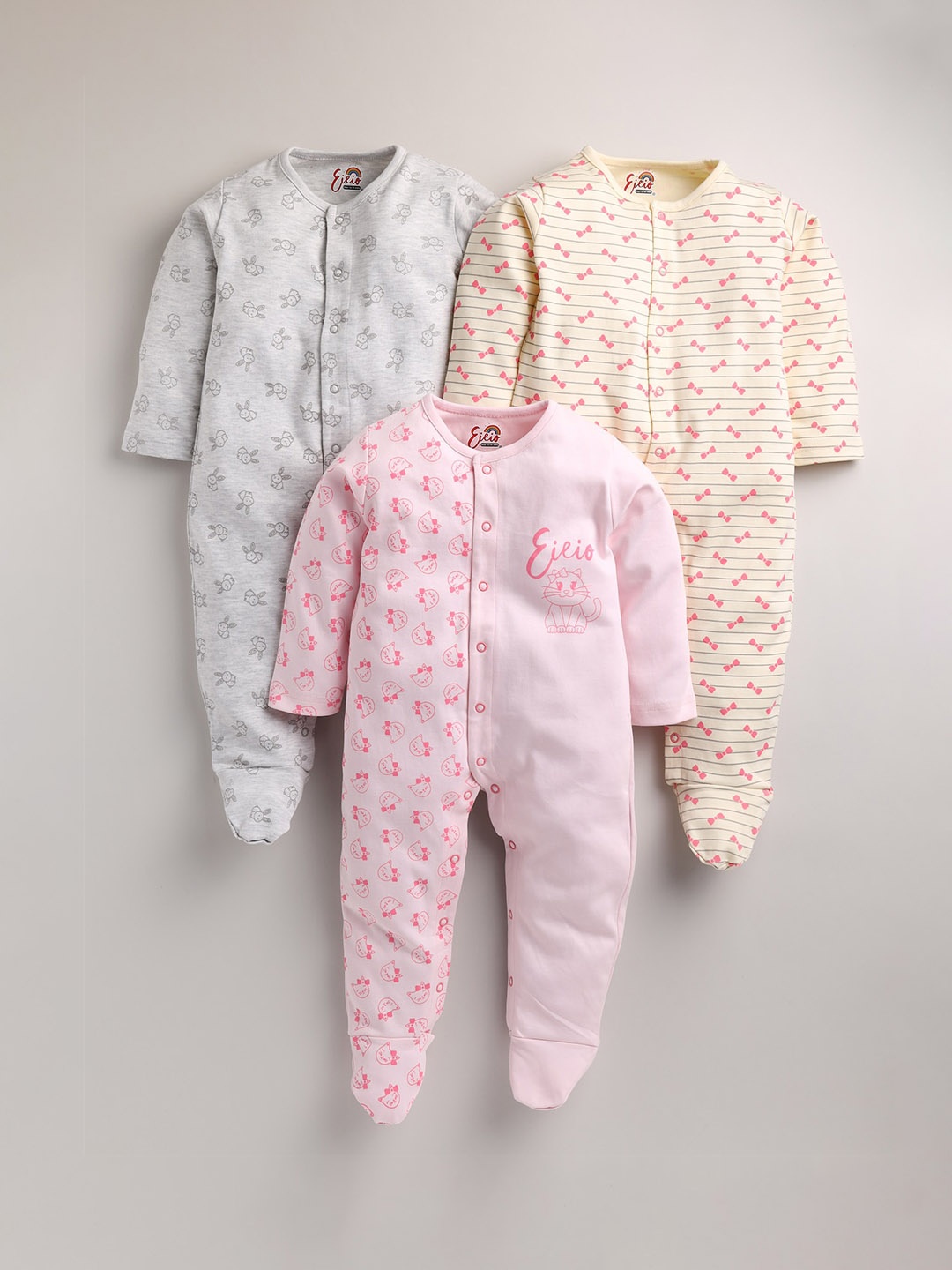 

Eieio Kids Pack Of 3 White & Pink Printed Pure Cotton Rompers