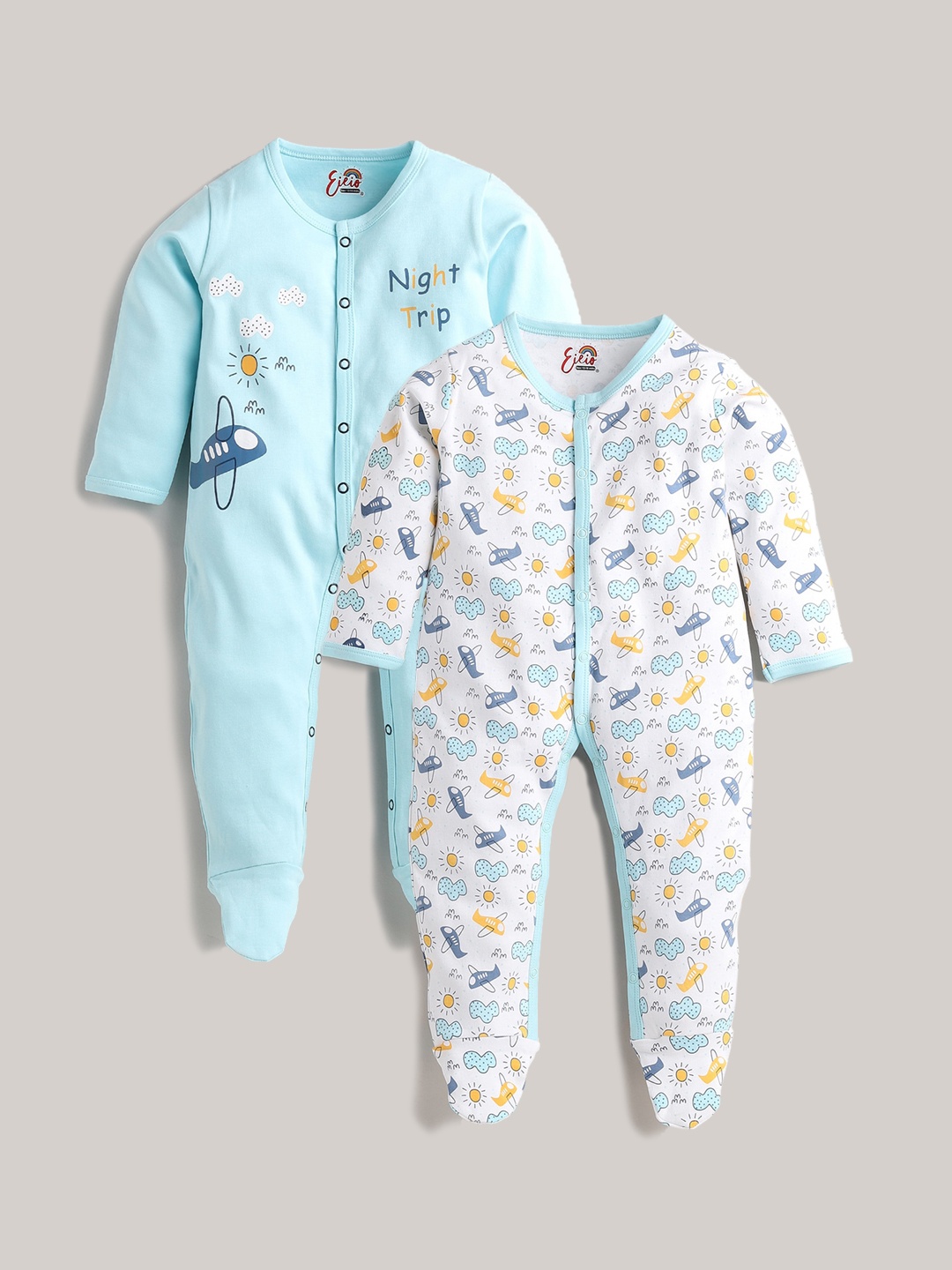 

Eieio Kids Pack of 2 Printed Pure Cotton Sleepsuit, Blue