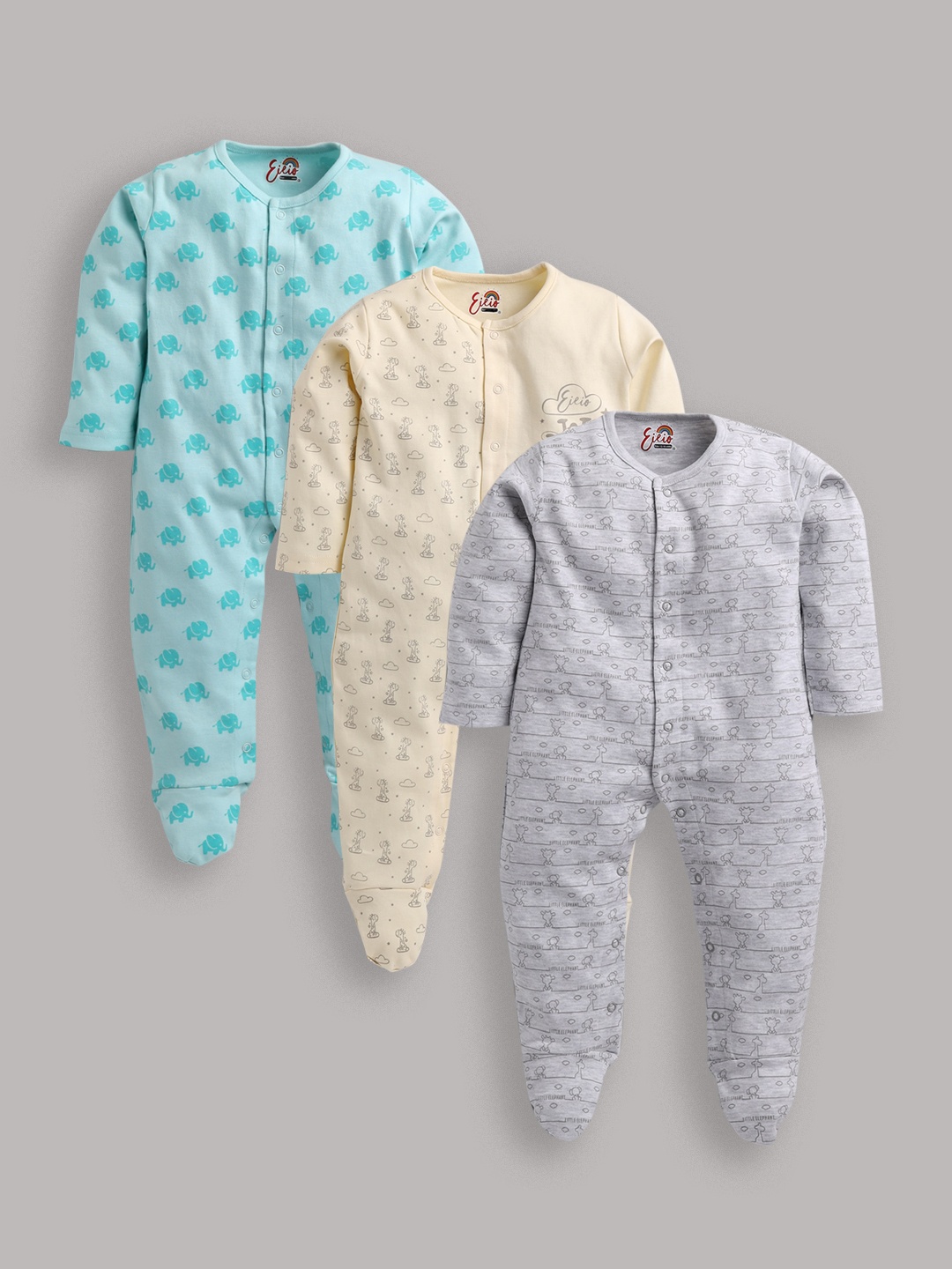 

Eieio Kids Pack of 3 Pure Cotton Printed Romper, Multi