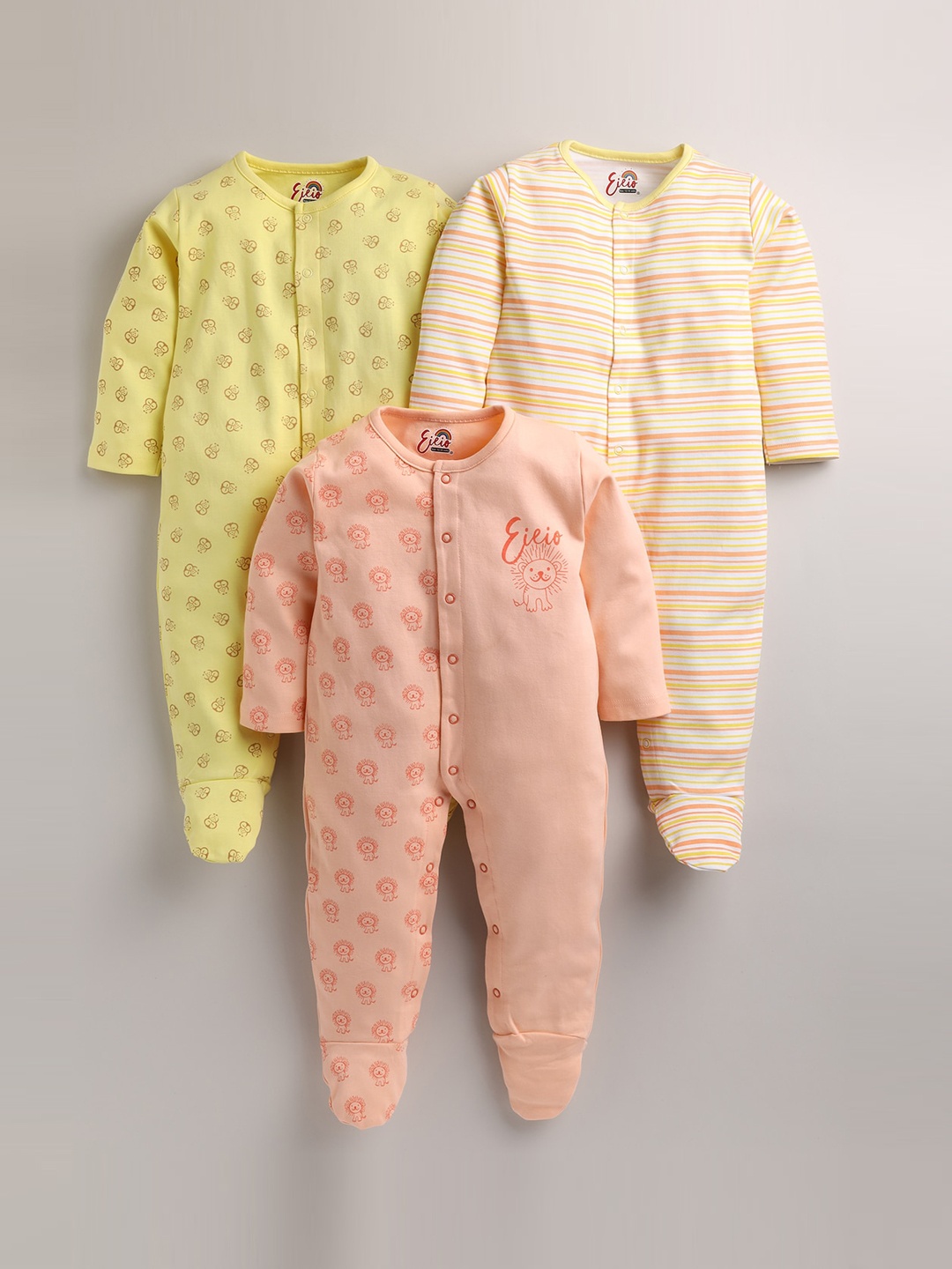 

Eieio Kids Pack of 3 Printed Pure Cotton Printed Rompers, Yellow