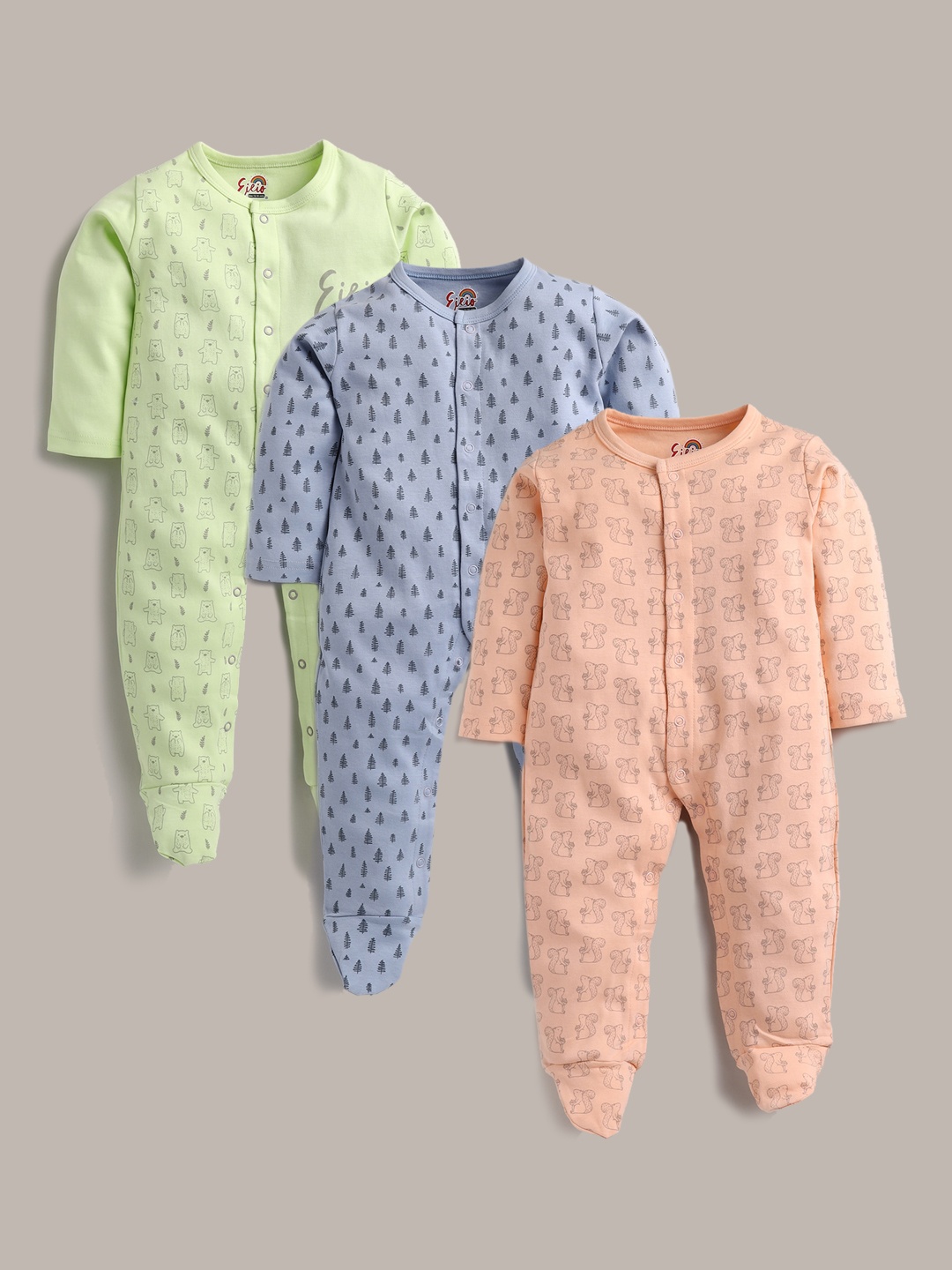 

Eieio Kids Pack Of 3 Printed Pure Cotton Rompers, Orange
