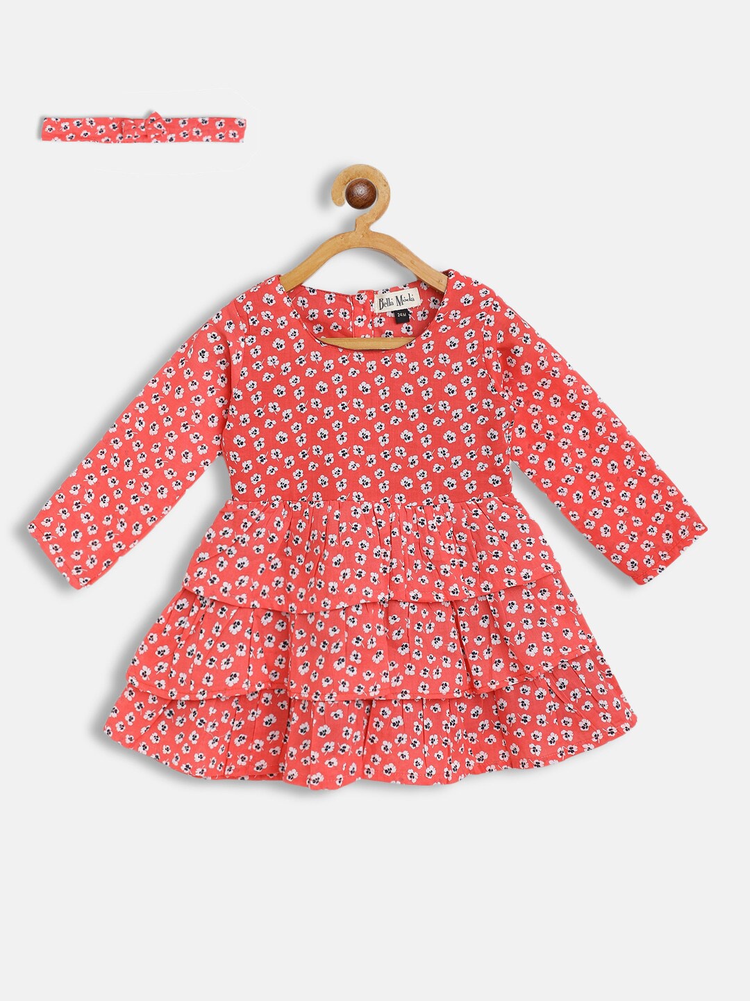 

Bella Moda Girls Red & White Floral Layered Pure Cotton Dress With Hairband