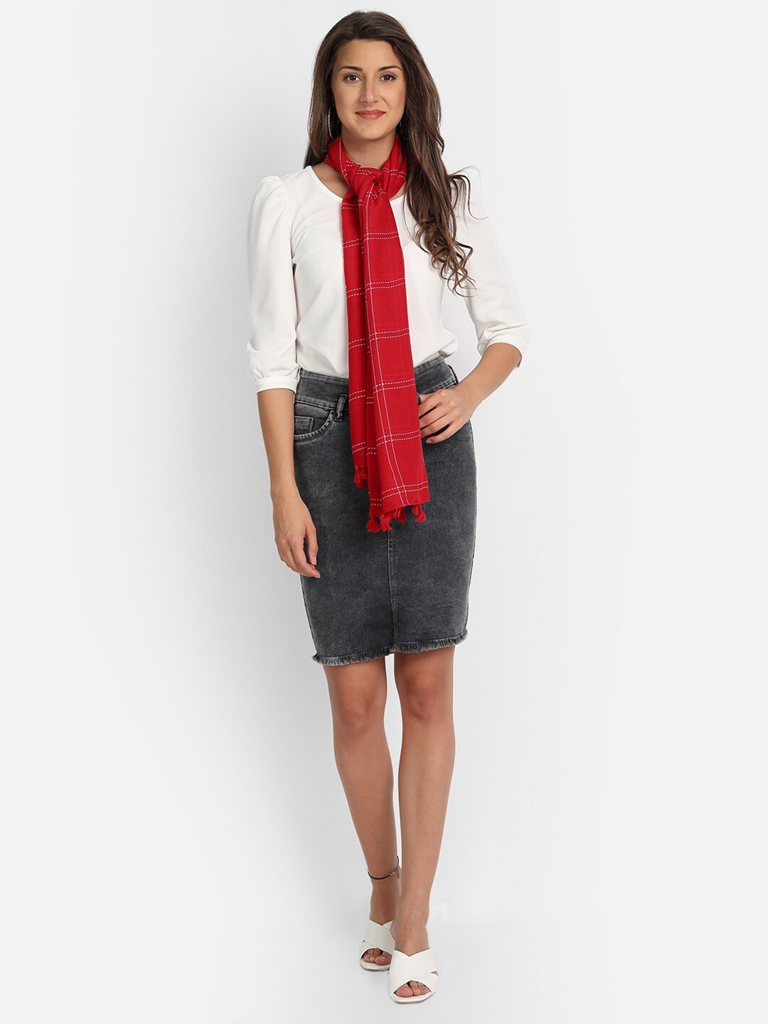 

Wicked Stitch Women Red & White Checked Cotton Scarf