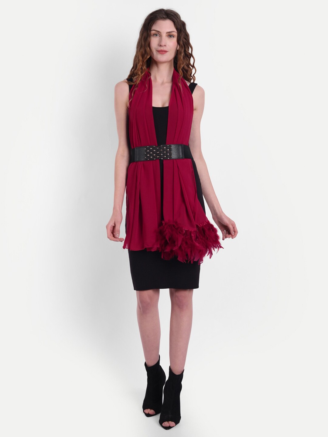 

Wicked Stitch Women Red Scarf With One side Fur Border