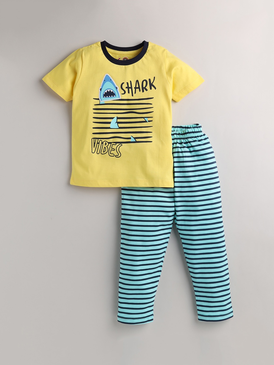 

Eieio Boys Yellow & Blue Striped Pure Cotton Night suit