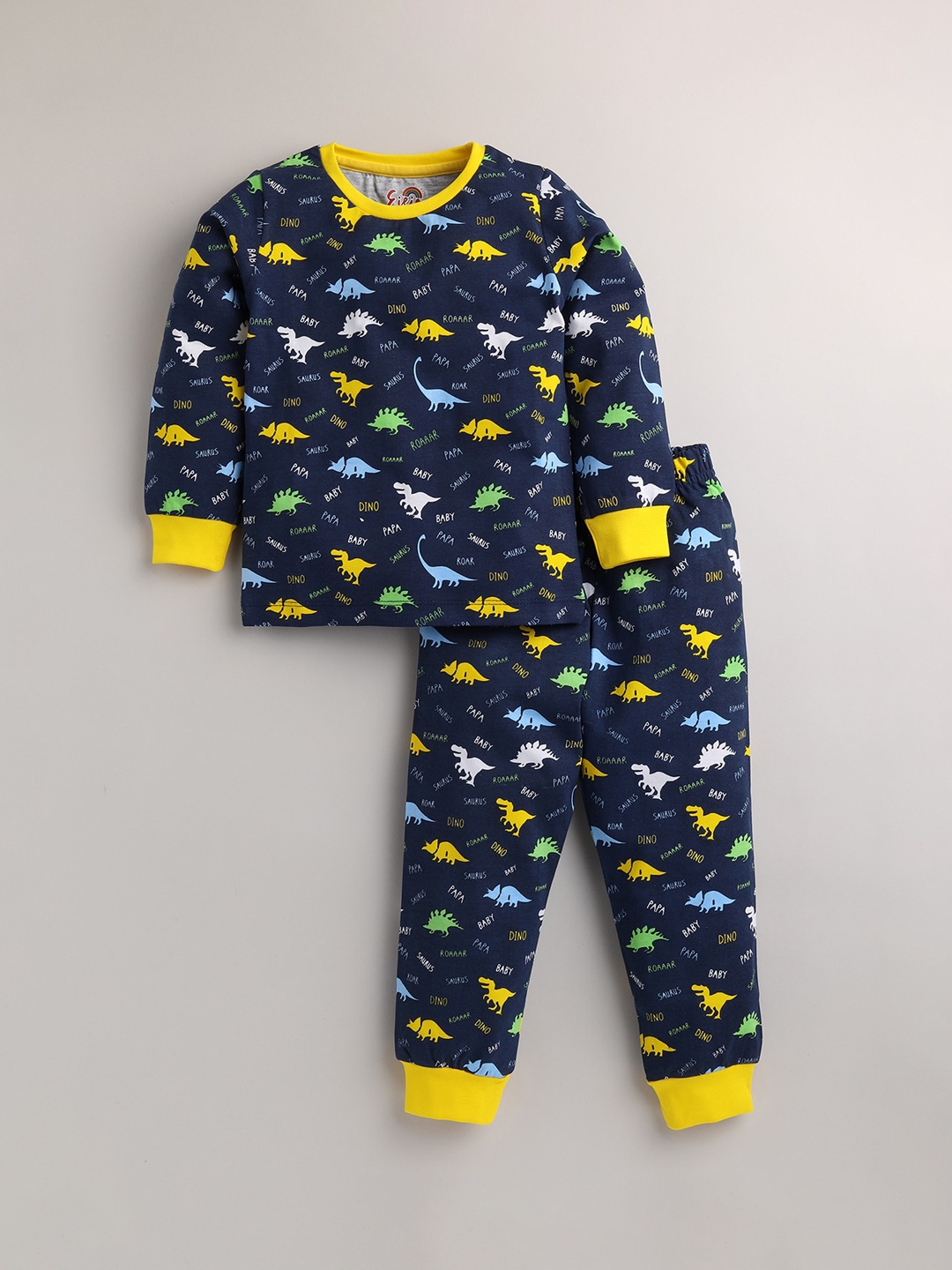 

Eieio Boys Navy Blue & Yellow Cotton Printed Night suit