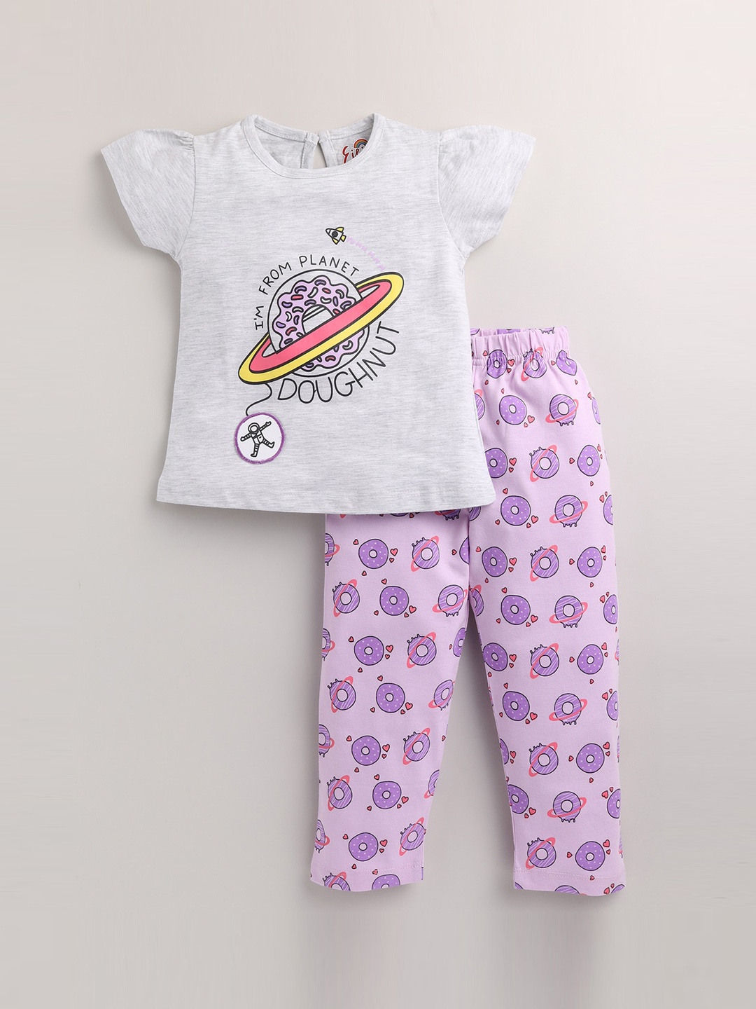 

Eieio Girls Grey & Lavender Printed Pure Cotton Night suit