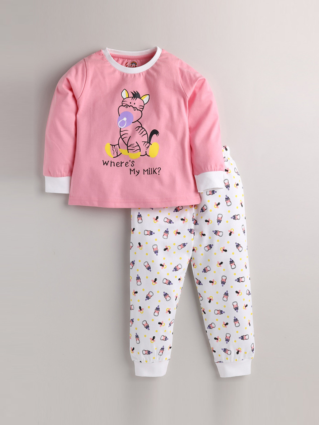 

Eieio Girls Pink & White Printed Cotton Night suit