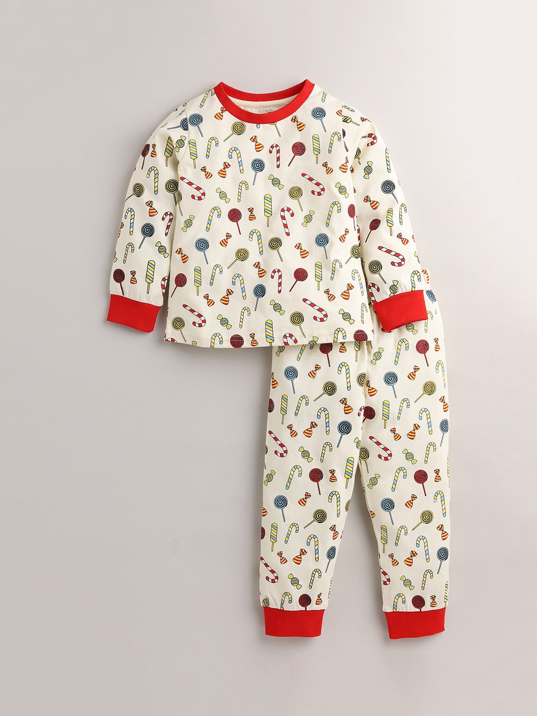 

Eieio Kids Off White & Red Printed Pure Cotton Night suit