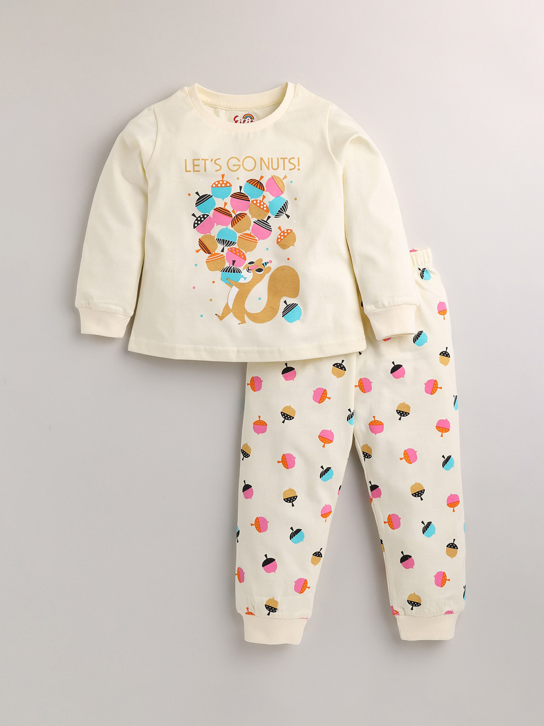 

Eieio Girls Cream-Coloured & Blue Printed Night suit KK-21-CRM