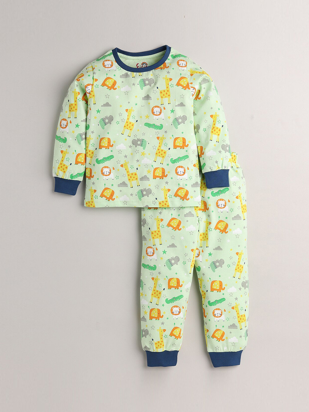 

Eieio Boys Green & Blue Printed Pure Cotton Night suit