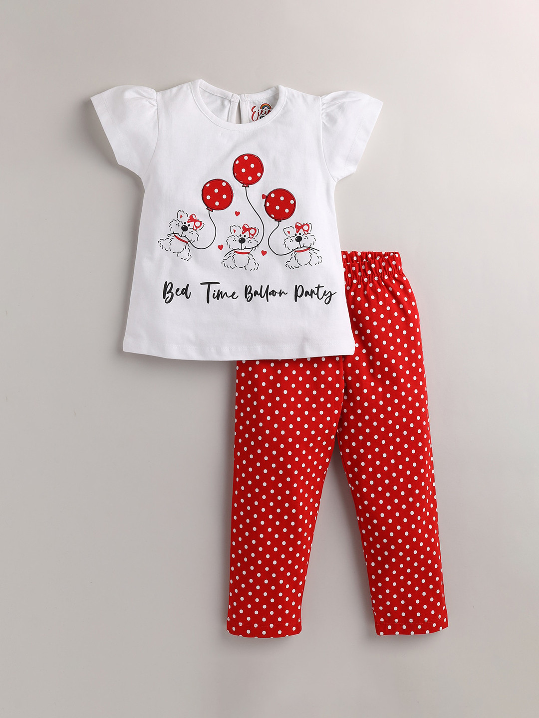 

Eieio Girls White & Red Printed Pure Cotton Night suit