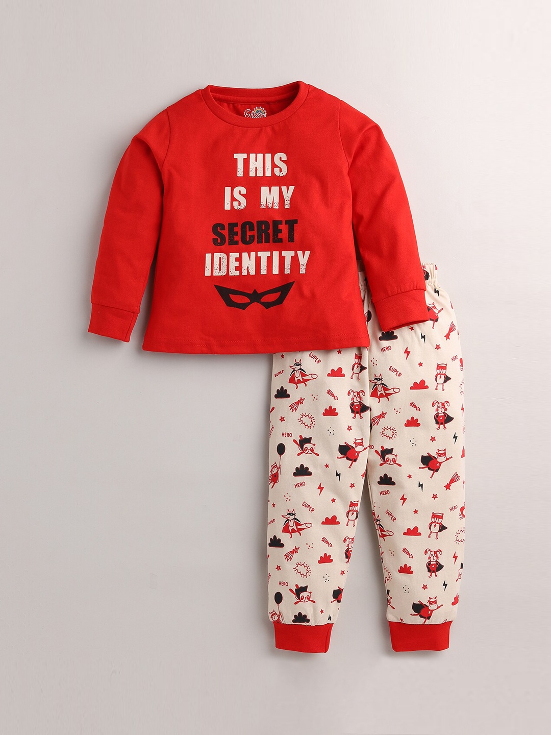 

Eieio Unisex Kids Red & Peach-Coloured Printed Cotton Night suit