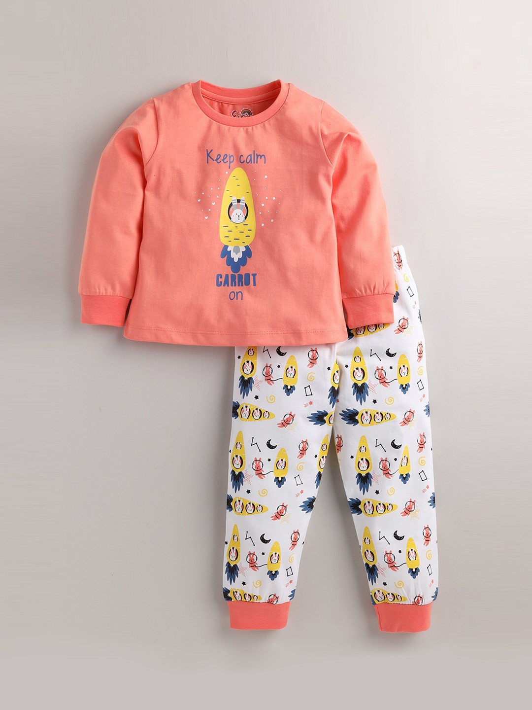 

Eieio Girls Peach-Coloured & White Printed Pure Cotton Night suit