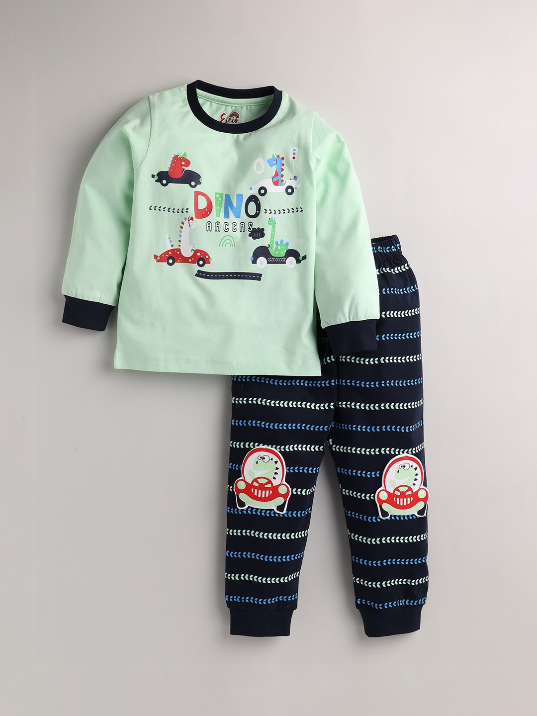 

Eieio Boys Green & Black Printed Pure Cotton Night suit