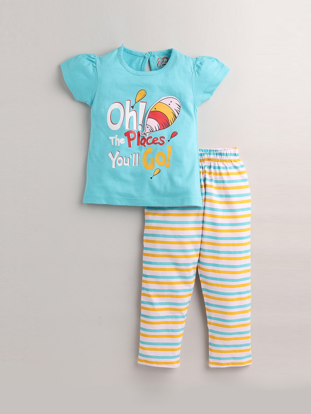 

Eieio Girls Blue & Yellow Printed Pure Cotton Night suit