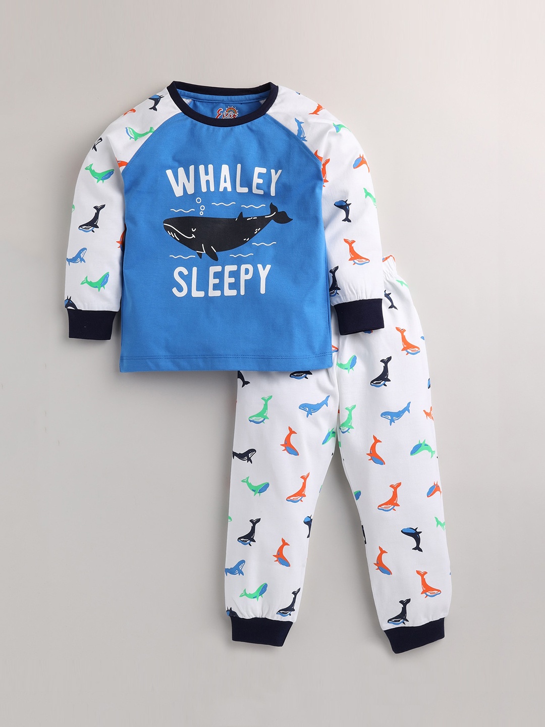 

Eieio Unisex Kids Blue & White Printed Pure Cotton Night suit