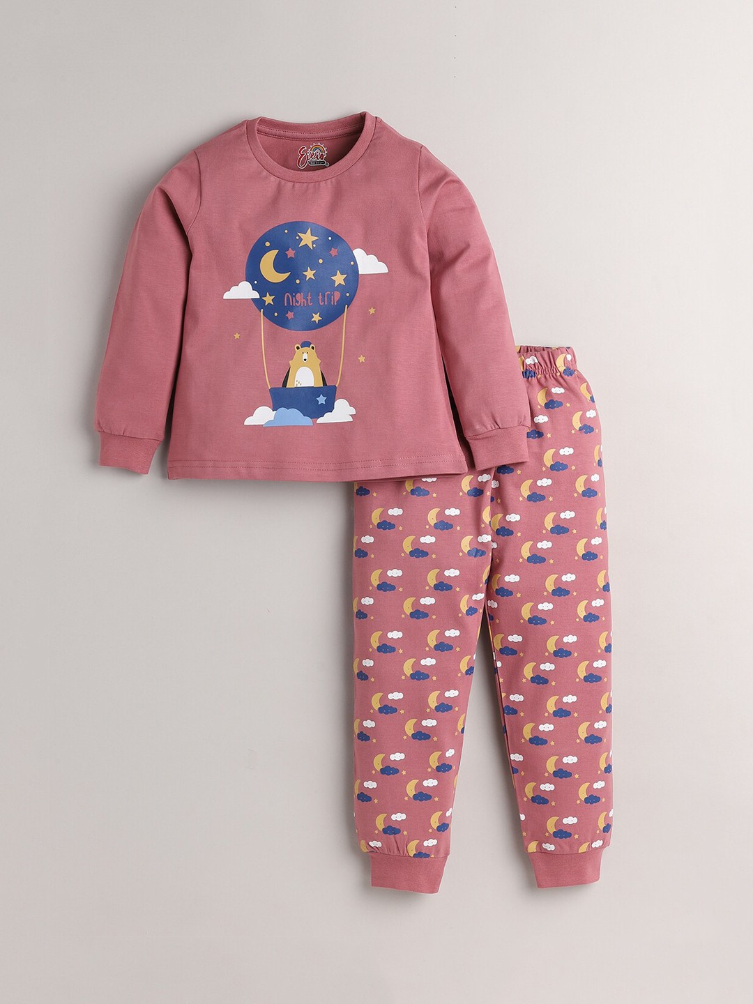 

Eieio Girls Pink Printed Cotton Night suit
