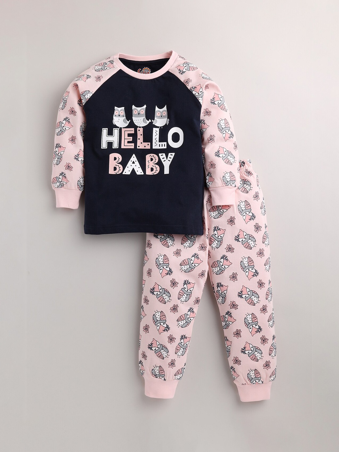 

Eieio Girls Navy Blue & Pink Printed Pure Cotton Night suit