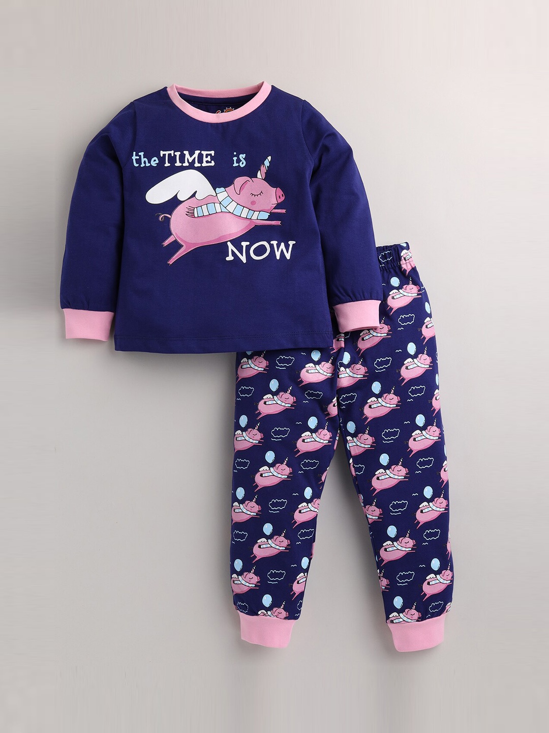 

Eieio Girls Navy Blue Printed Pure Cotton Night Suit