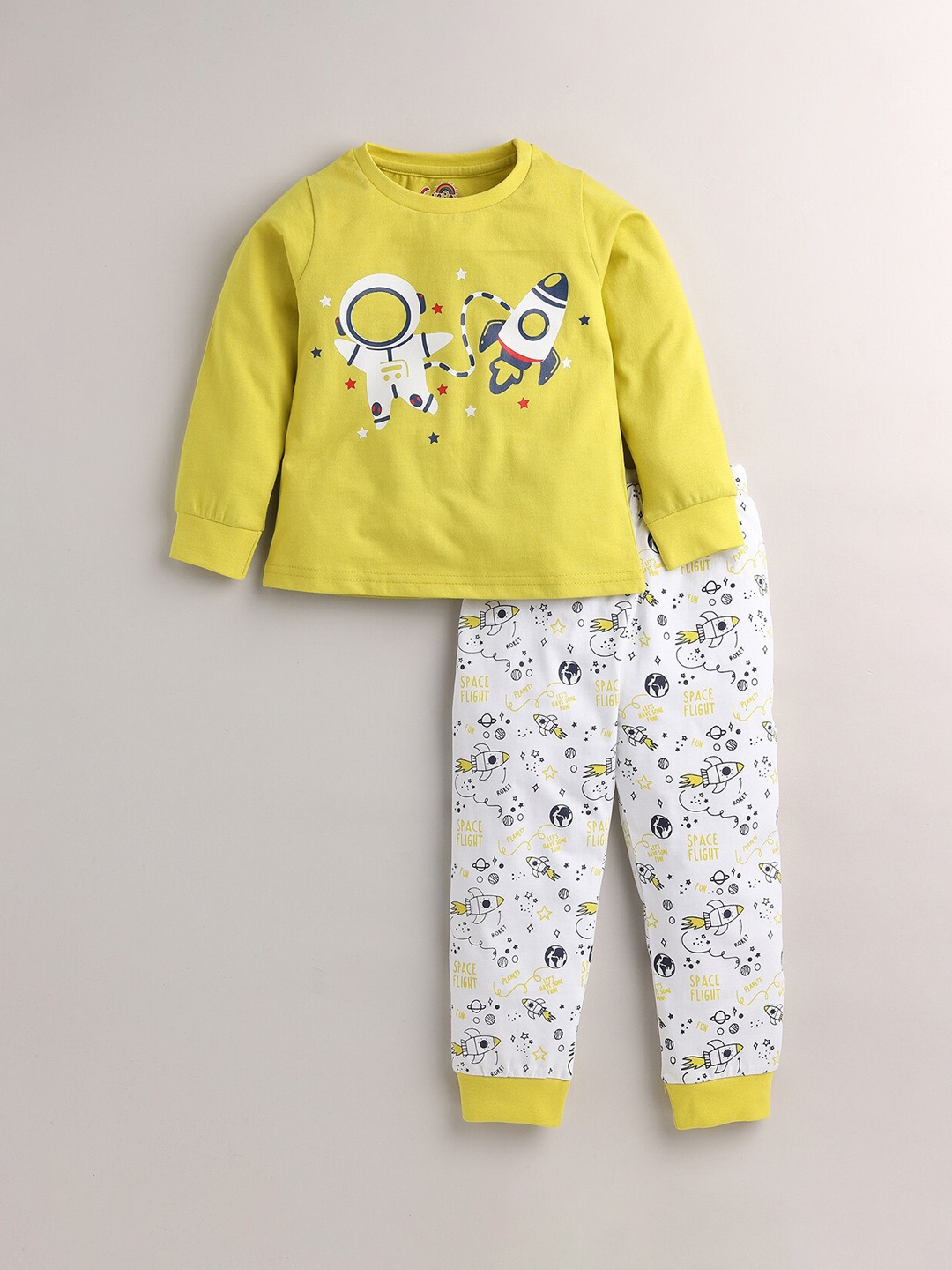 

Eieio Girls Yellow & White Cotton Printed Night suit
