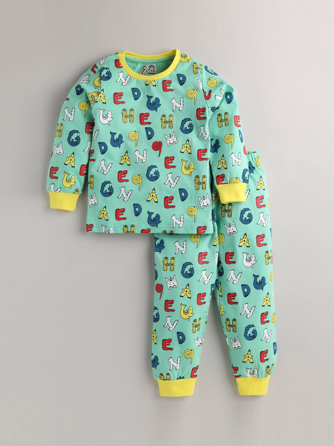 

Eieio Kids Green & Yellow Printed Cotton Night suit
