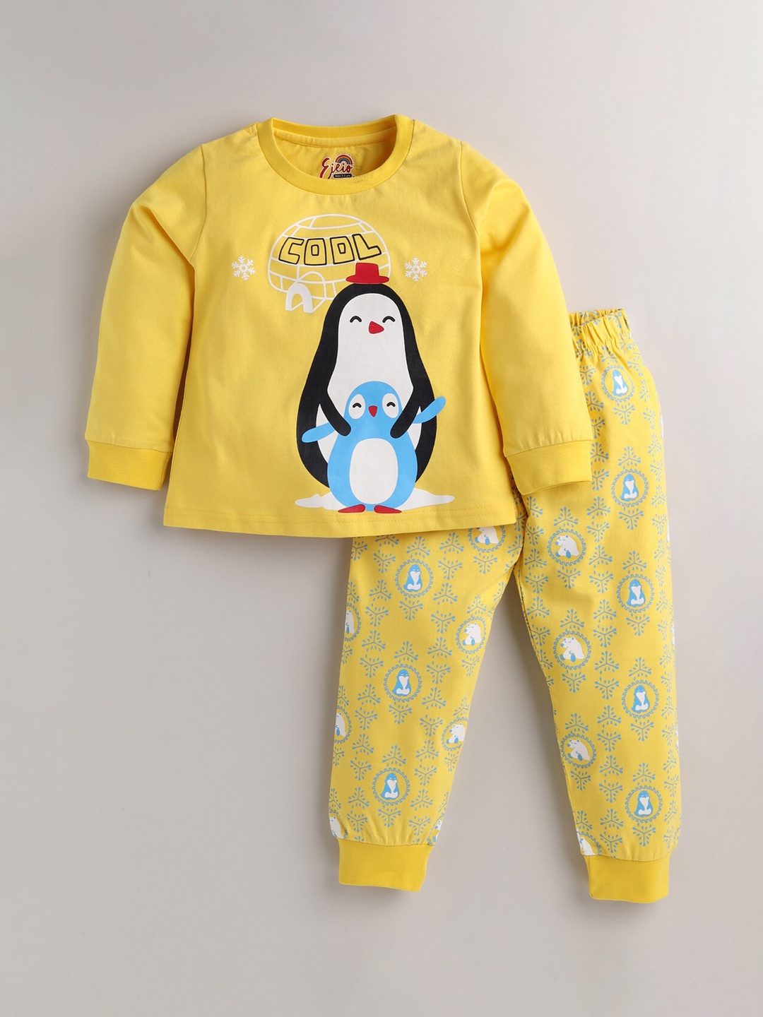 

Eieio Girls Yellow & White Printed Pure Cotton Night suit