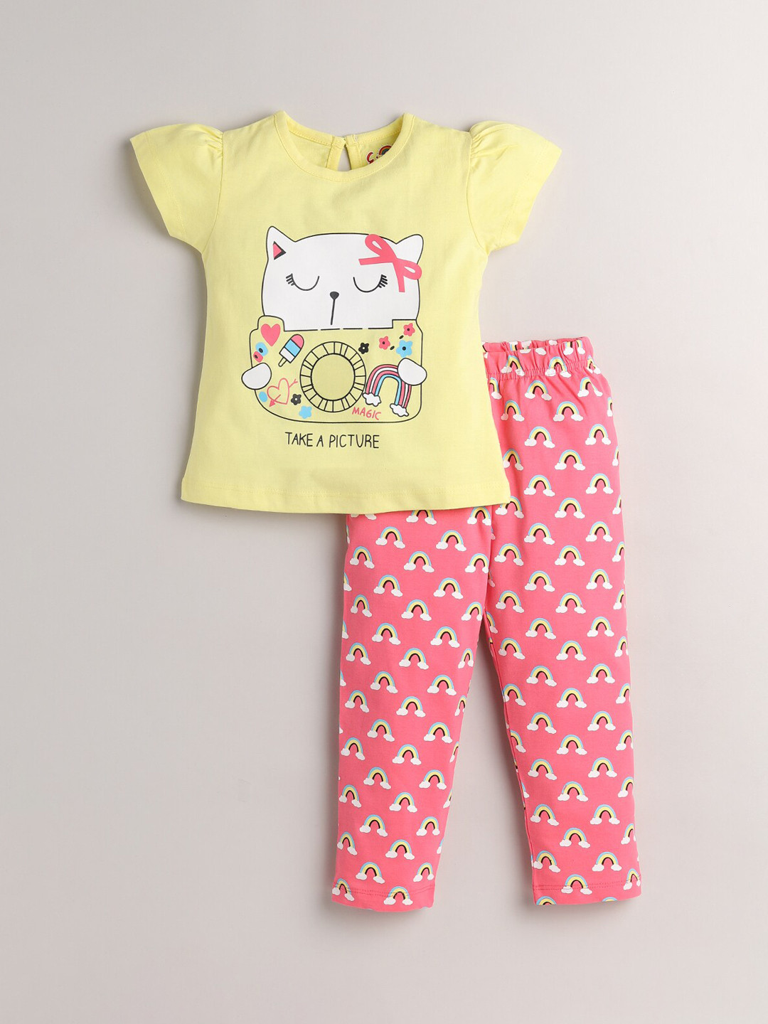 

Eieio Girls Yellow & Pink Printed Cotton Night suit