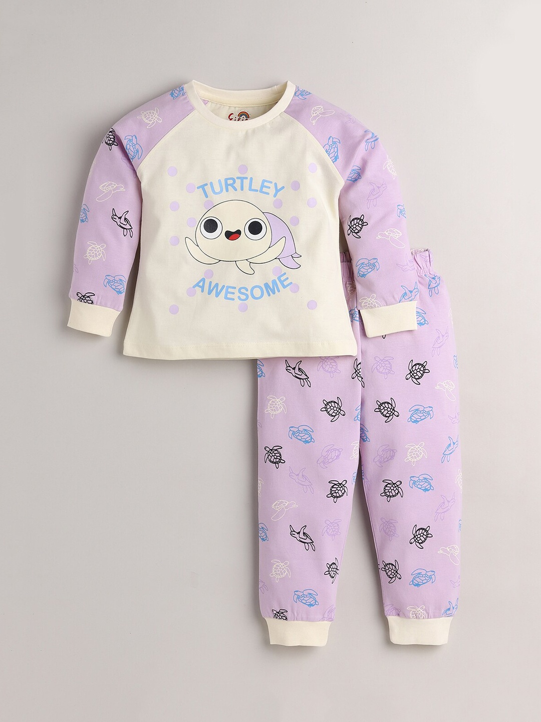

Eieio Girls Cream & Lavender Printed Pure Cotton Night Suit