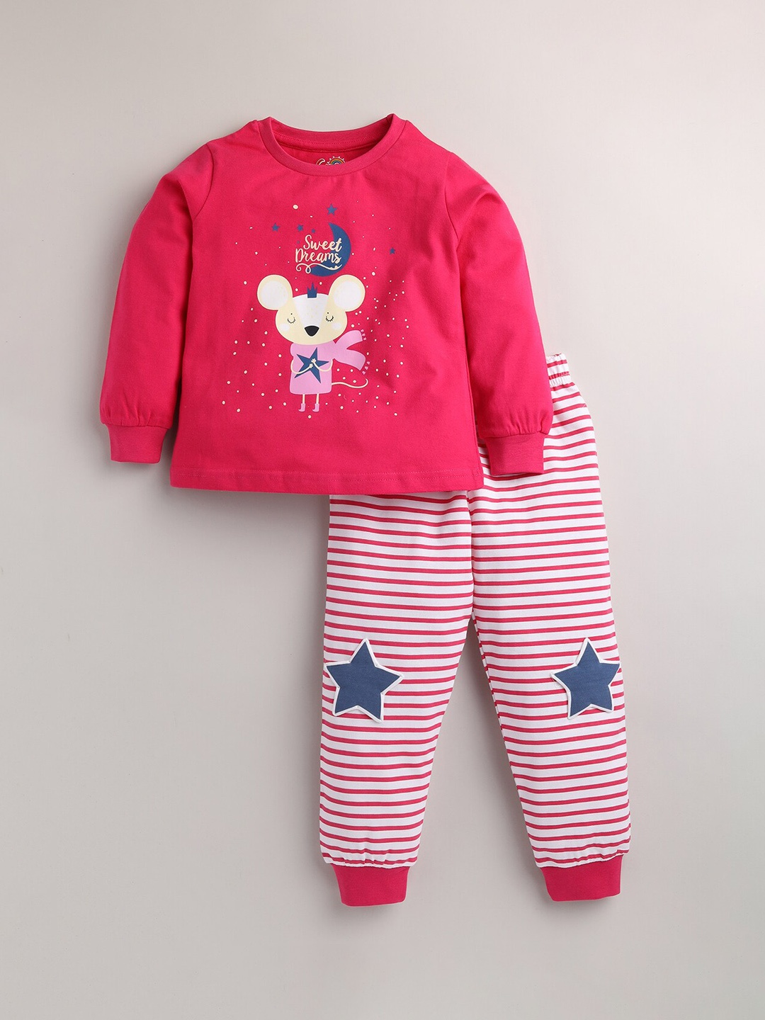 

Eieio Girls Pink & White Printed Cotton Night suit
