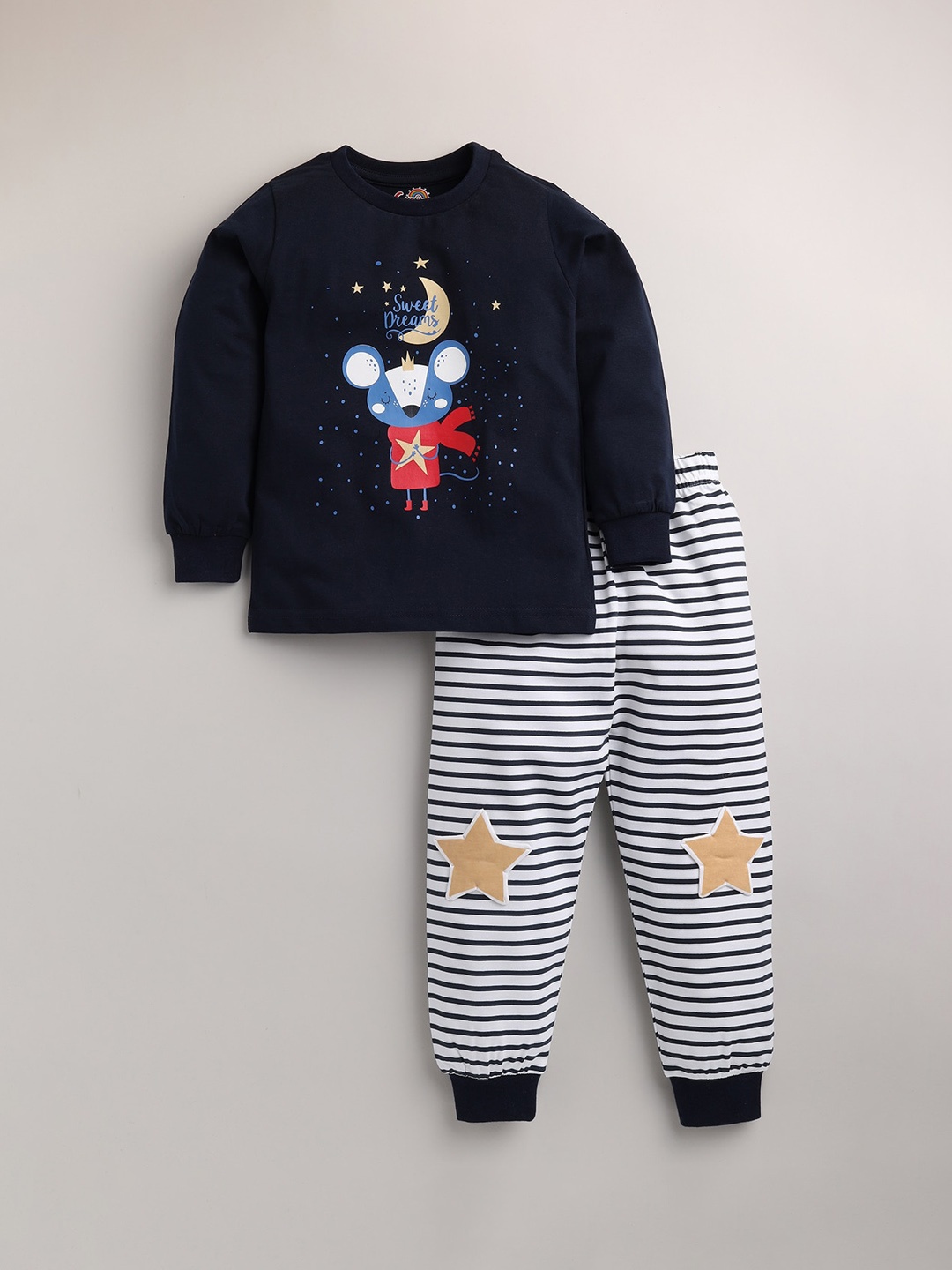 

Eieio Boys Navy Blue & White Printed Pure Cotton Night suit