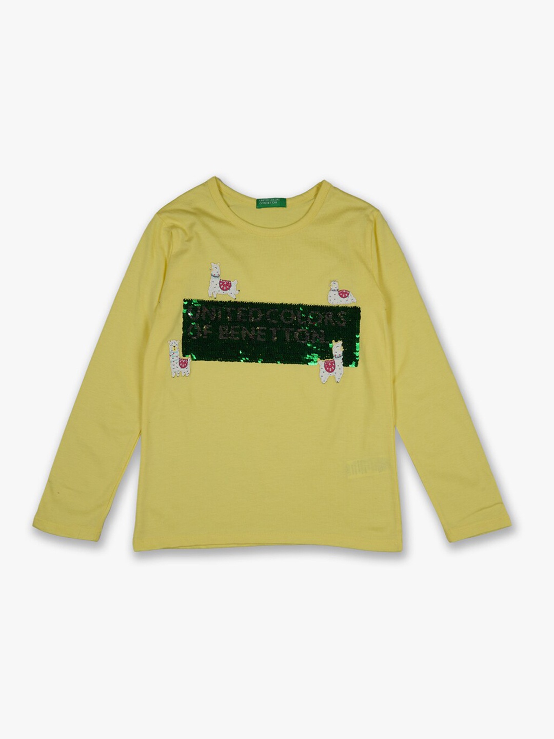

United Colors of Benetton Girls Yellow & Black Brand Logo Embellished Cotton T-shirt