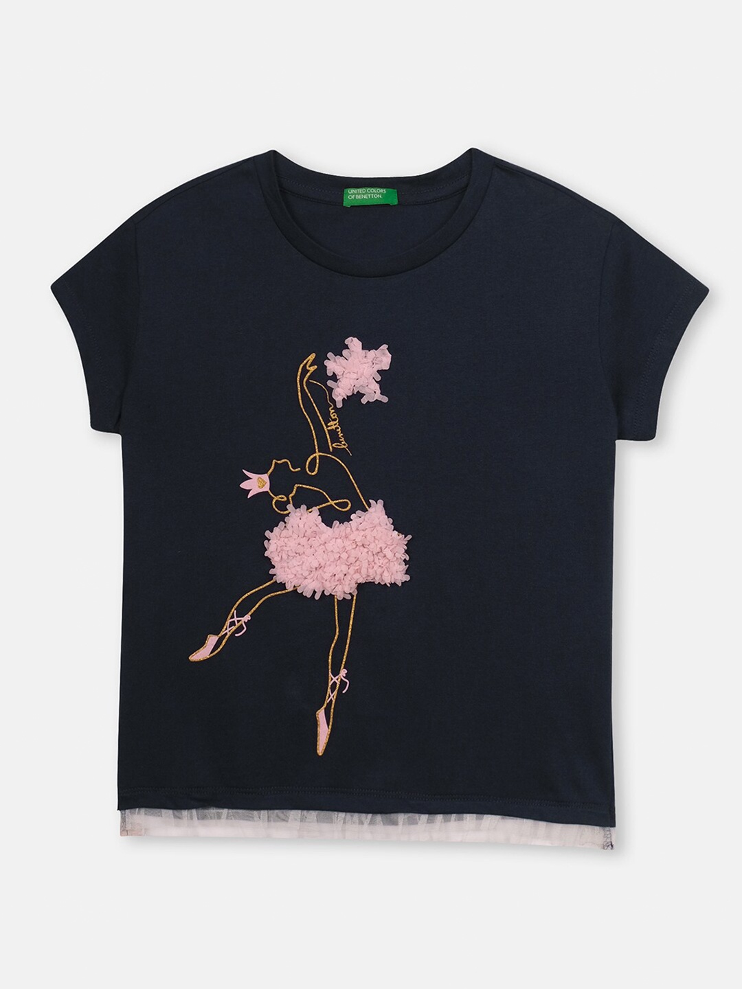 

United Colors of Benetton Girls Navy Blue & Pink Printed T-shirt