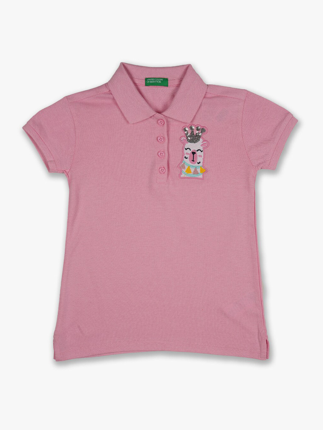 

United Colors of Benetton Girls Pink Polo Collar Cotton Applique T-shirt