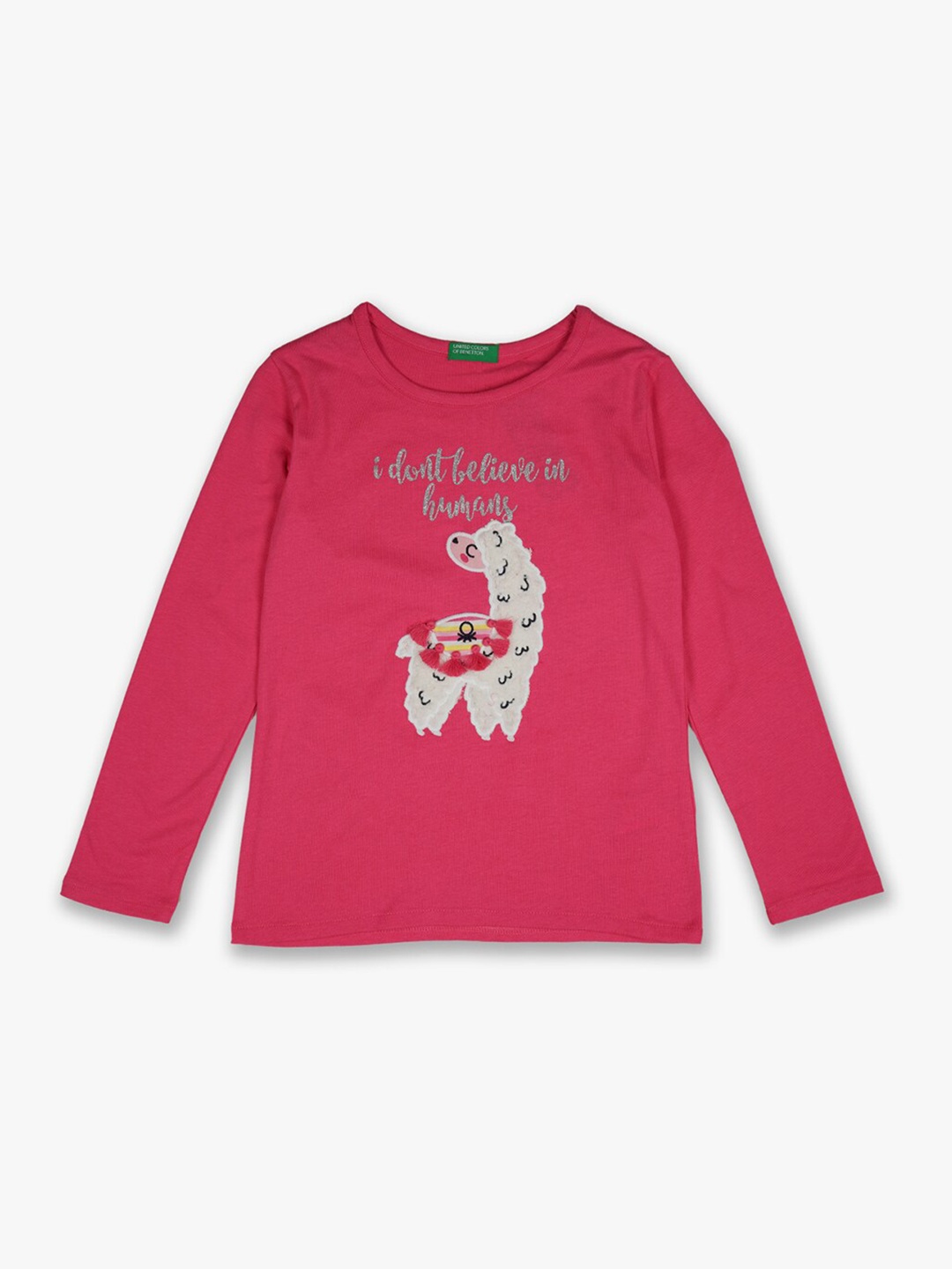 

United Colors of Benetton Girls Fuchsia Pink & Off White Embroidered Cotton T-shirt